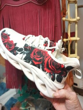 White Sneakers with Red Rose Print - Women's Fashion Athletic Shoes